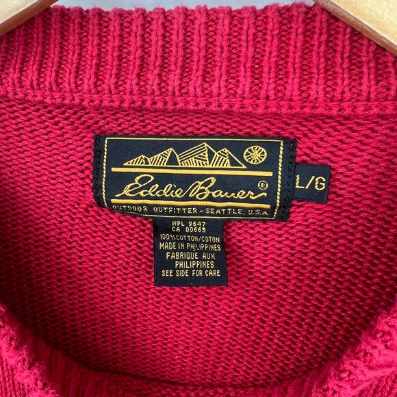 90s Vintage Eddie Bauer Red 100% Cotton Crewneck Knit Sweater Size L - Picture 4 of 5